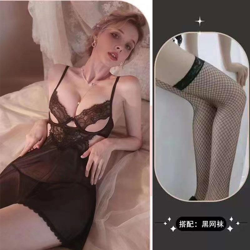 Sex Underwear Women's Low-cut Breast Burst Steel Tray Gathers Lace Suspender Skirt Set Sexy Temptation Transparent Pure Desire Nightdress