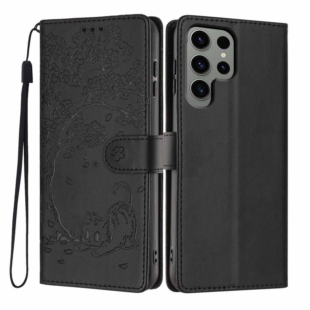 For Samsung Galaxy S24 Ultra Stand Case Tree-and-Cat Pattern PU Leather Wallet Protective Phone Cover with Wrist Strap