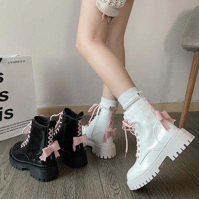 Fashion Punk Chunky Platform Motorcycle Boots Women Fashion Bowknot Lace-up Thick Bottom Ankle Boots Woman Autumn Winter Gothic Shoes