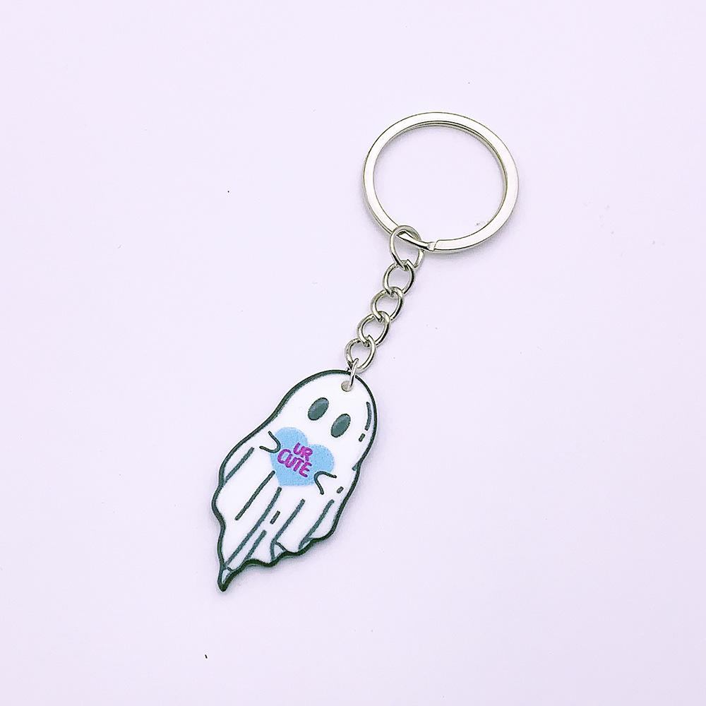 Double Sided Printed Acrylic Halloween Keychain Cartoon Ghost Pendant Charm Women Key Ring