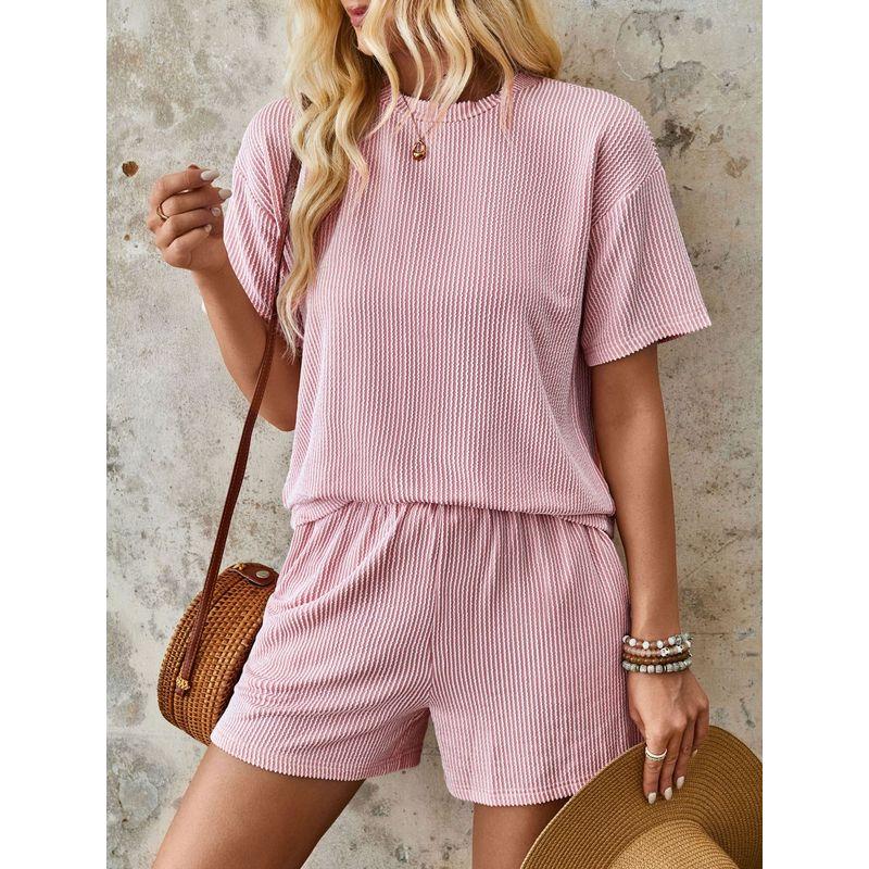 

round Neck Neck T-shirt Solid Color Shorts Set Crew Neck T-shirt Pure Color Shorts Suit Pink XL