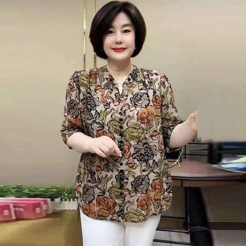 Women's Silk Blouse Summer Loose Floral Plus-Size Shirt V-Neck Printed Silk Shirt