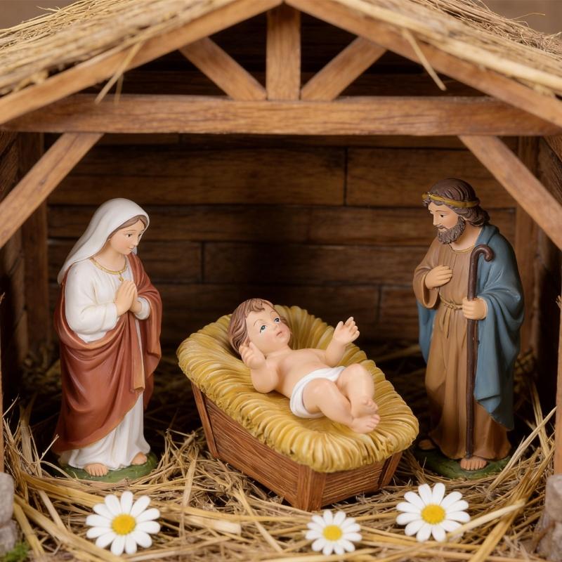 Resin Baby Jesuses in a Manger Nativity Figurines Nativity Collectible Statue Holy Faith Gift Christian Holiday Decors