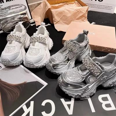 Moda 2024 Novos Sapatos Mary Jane Chunky para Mulheres Sapatos Esportivos Moda Strass Plataforma Rasa Sapatos Casuais Senhoras Sapato de Bailarina