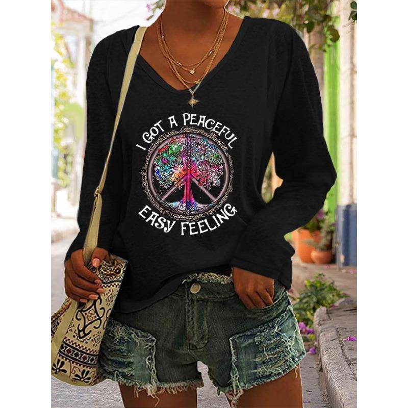 Women's Hippie Letter Print T-Shirts Retro Casual Loose Long Sleeve V Neck Tops