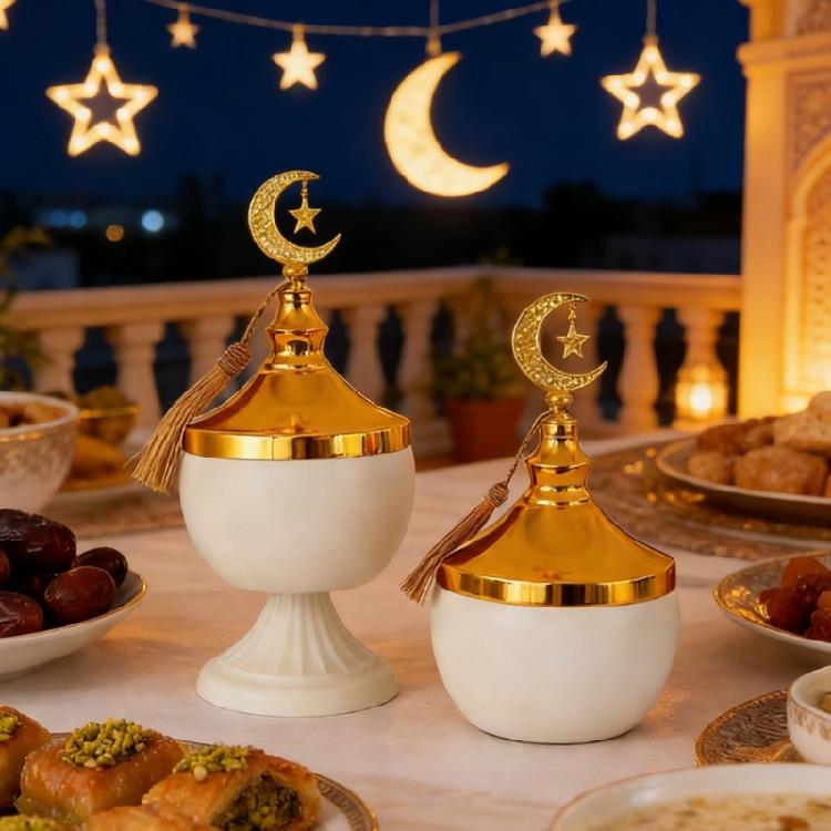 Stylish Middle East Ramadans Covered Storage Jar with Lid for Candy Dry Fruit Jewelry Trinkets Box Muslims Festivals Decors