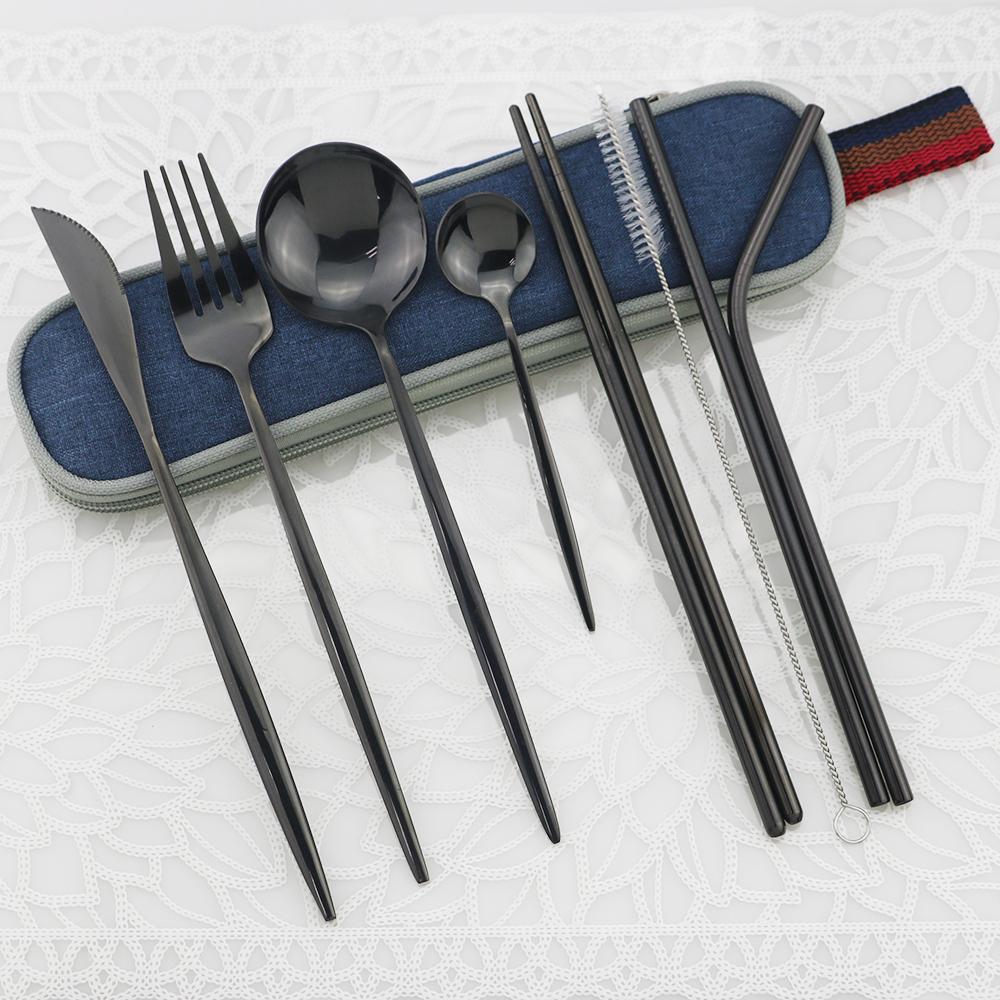 9pcs/Set Travel Cutlery Set Portable Gold Dinnerware Set Stainless Steel Tableware Set With Metal Straw Brush Chopsticks Bag
