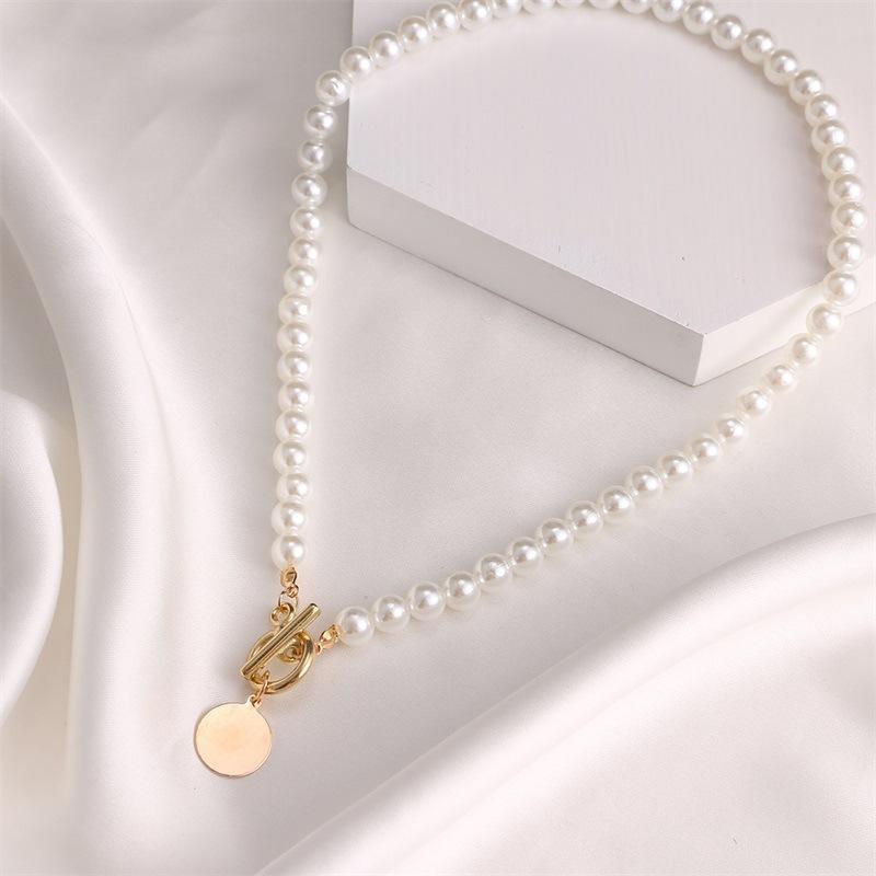 Vintage Bar Handmade Pearl Necklace Disc Neck Chain Niche Premium Clavicle Chain Women's Fashion Summer