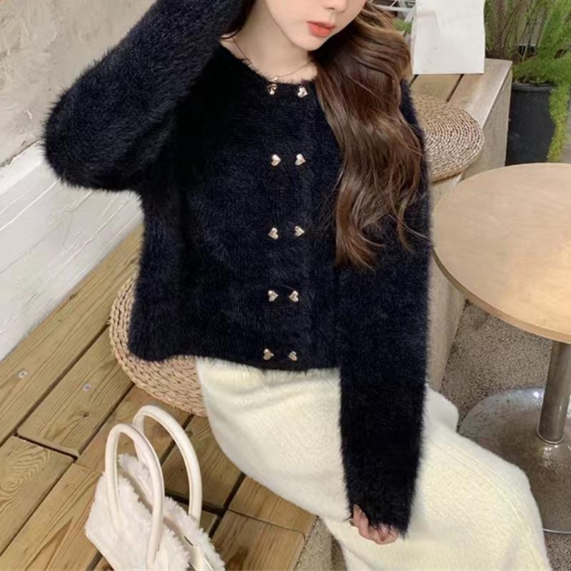French small fragrant style imitation mink knitted cardigan women's autumn and winter temperament elegant round neck solid color double-breasted