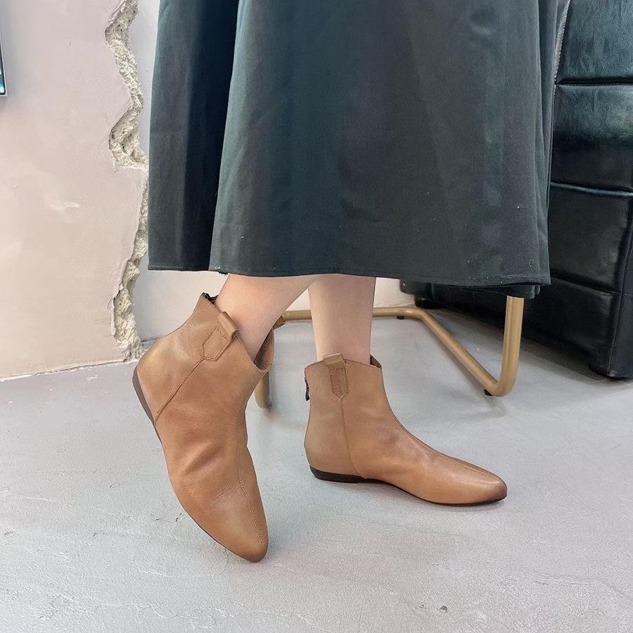 Johnature Retro Women Short Boots Genuine Leather Solid Color Shoes Handmade Round Toe Back Zipper Ankle Boots