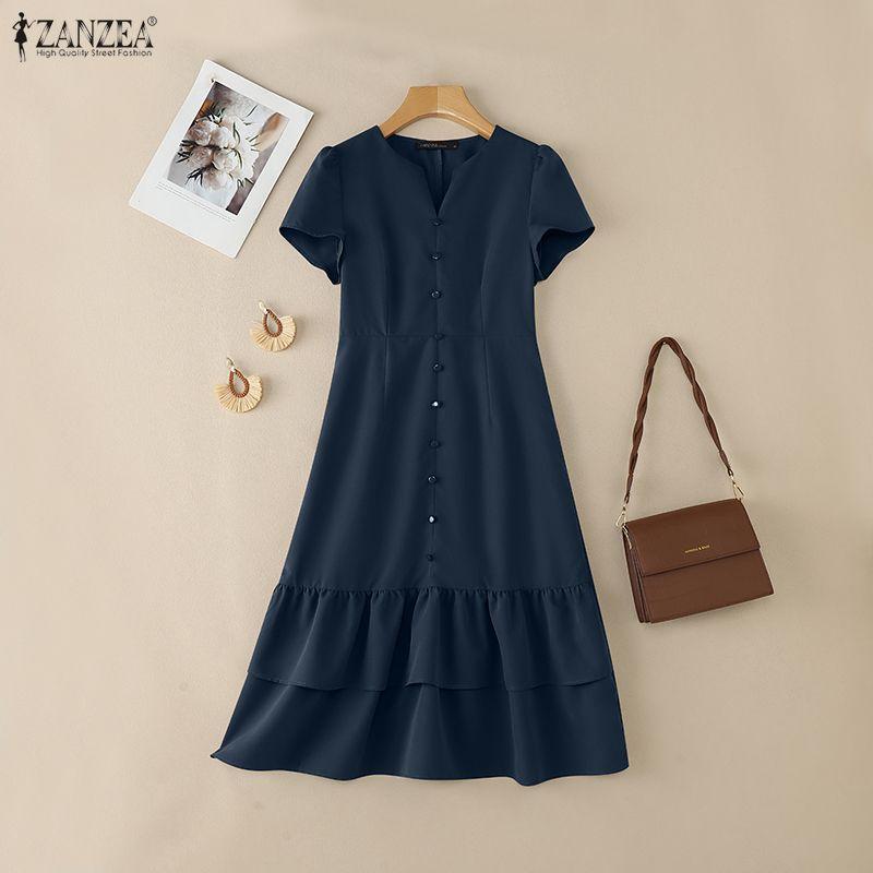 ZANZEA Women Casual V-Neck Short Sleeve Ruffles Hem Dress