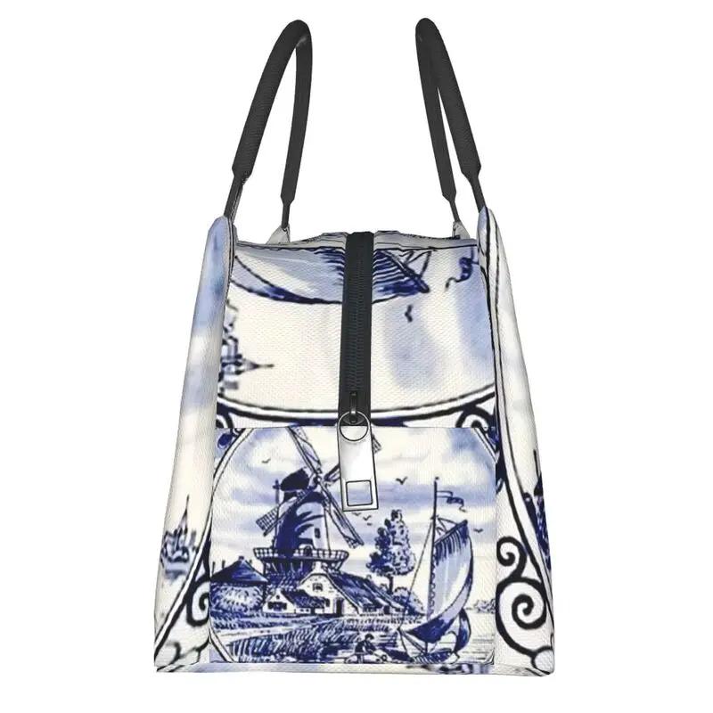 Poster Moară de Vânt Vintage Albastru Delft Olandez Genți de Prânz Izolate pentru Muncă Birou Răcitor Impermeabil Cutie de Prânz Termică Femei
