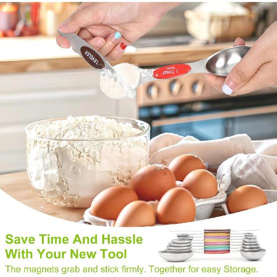 Magnetic Measuring Cups and Spoons Set, Stainless Steel 16 Piece Set, Kitchen Gadgets for Cooking & Baking, Including 8 Measuring Cups + 7 Double