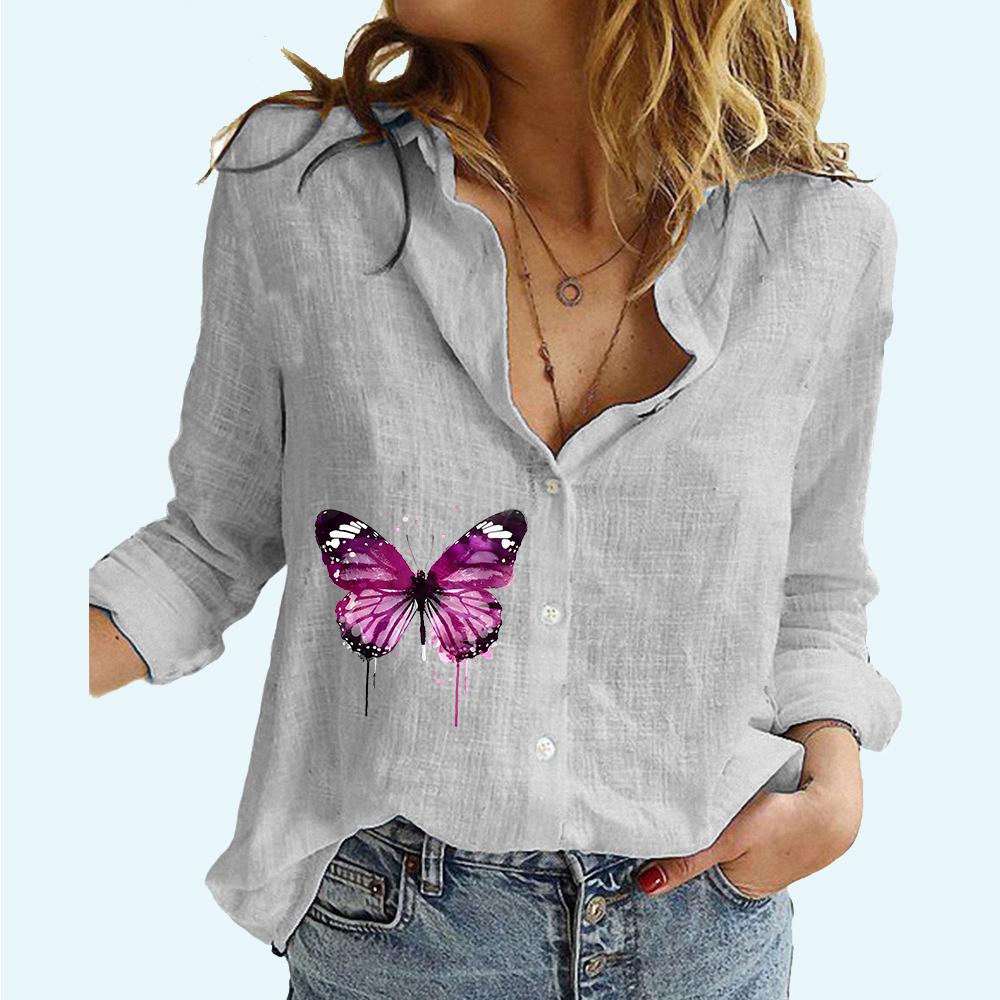 Женская мода блузки с принтом весна и осень повседневный льняной топ с длинными рукавами — фото 6