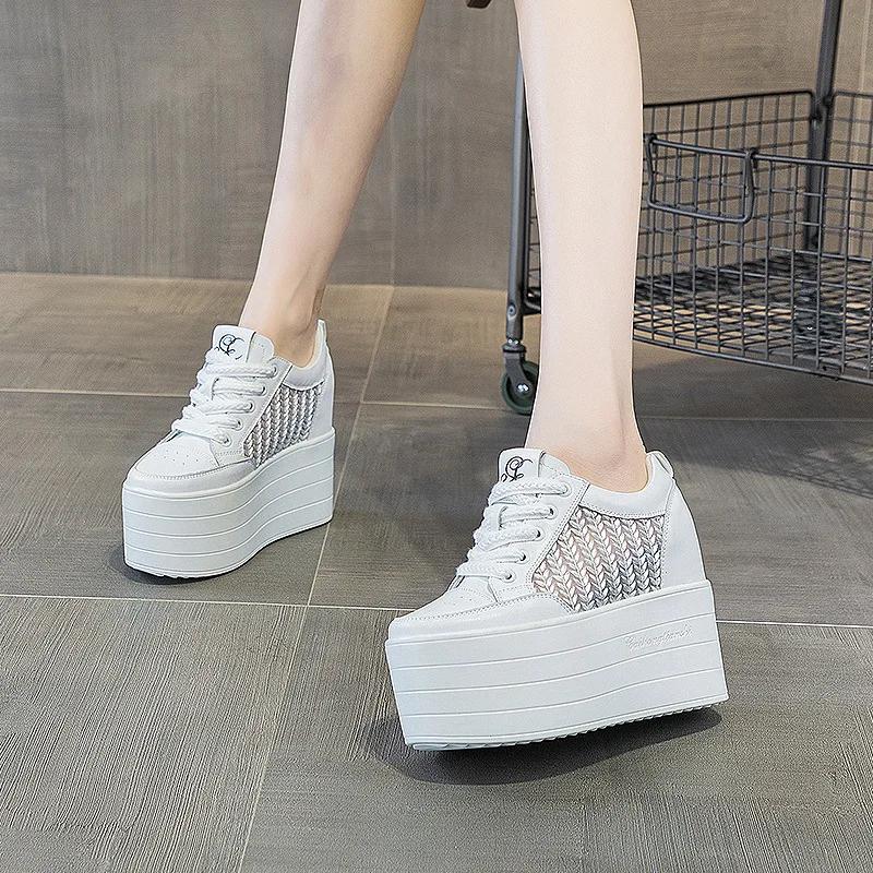 Fashion 12cm Air Mesh Chunky Sneakers Wedge Platform Lace Breathable Hollow Shoes Vulcanized Summer Genuine Leather Hidden Heels