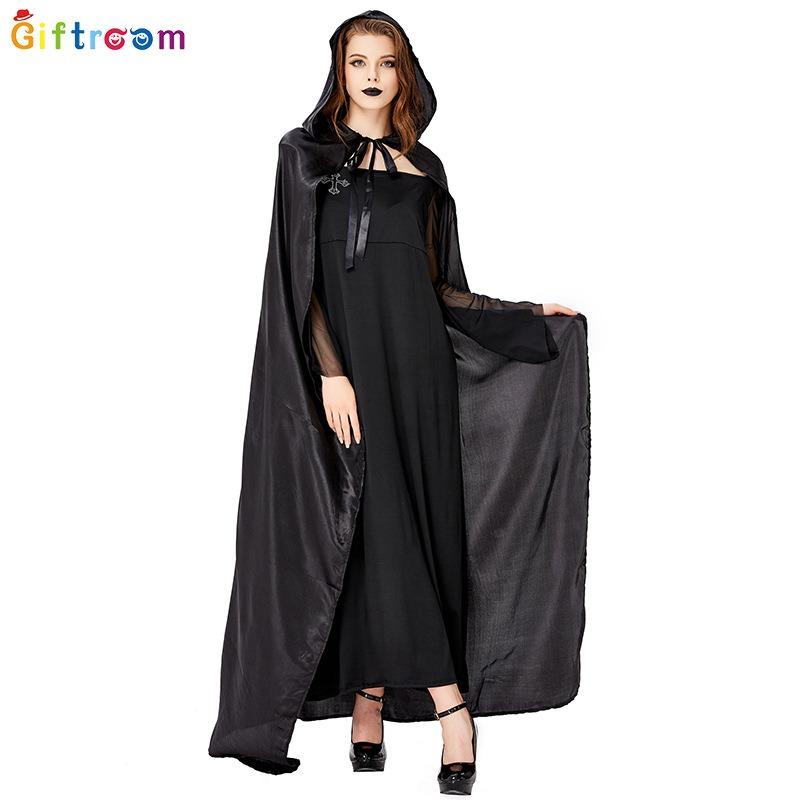 Large Size Adult Women's Theme Party Costume Witch Dress Dark Dress Cloak Set