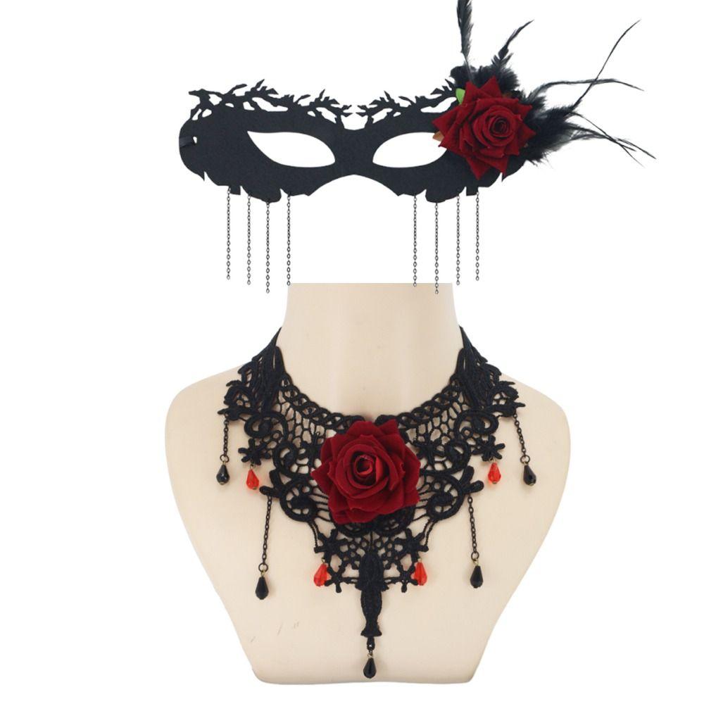 1 Set Dark Gothic Masquerade Mask Red Rose Gothic Choker Necklace Halloween Party