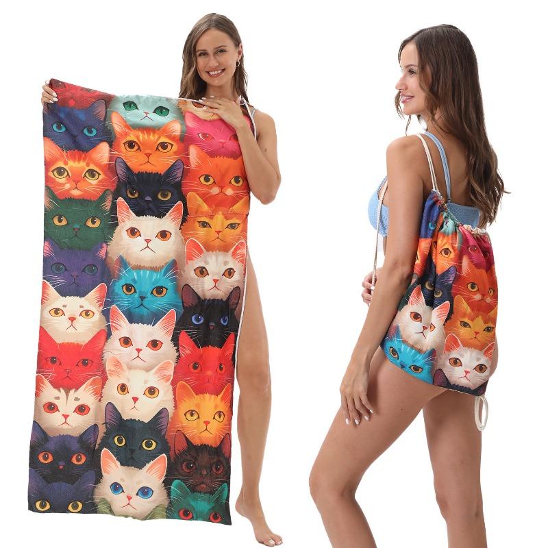 2-in-1 Foldable Beach Towel Backpack,Camping, Yoga and Travel, Absorbent Printed Bath Towel with Built-in Storage, Convertible Beach Mat Carry Bag,1pc