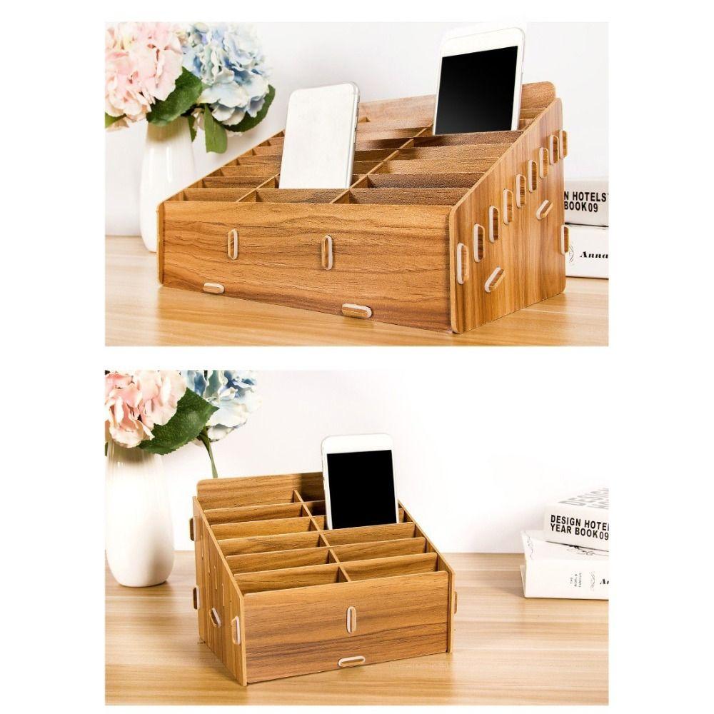 Wood Desktop Storage Box Detachable Multifunctional Phone Holder Easy to Install 12/24-Grid Phone Management Storage
