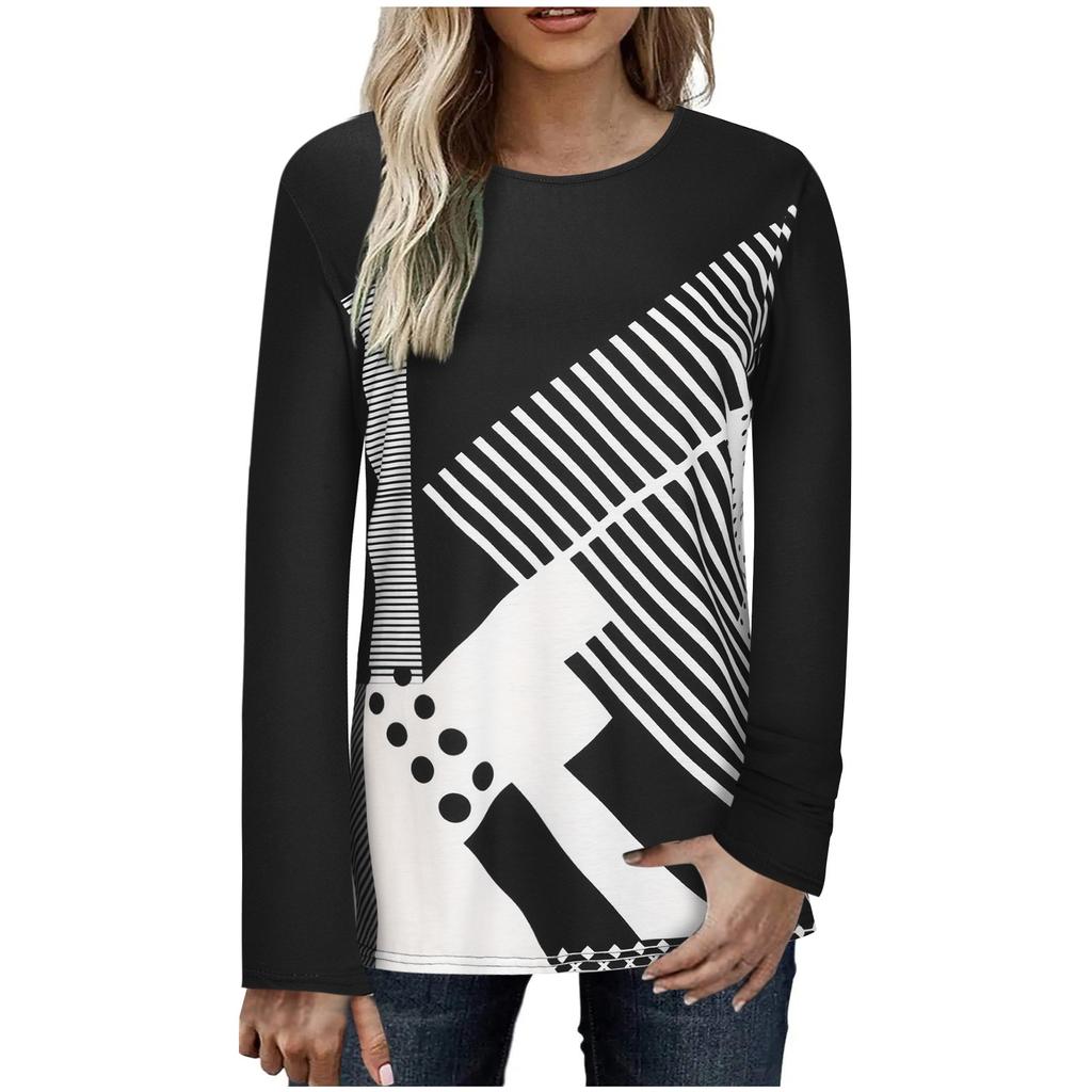 Women's Fashion Casual Temperament New Digital Positioning Print Round Neck Long Sleeve Top