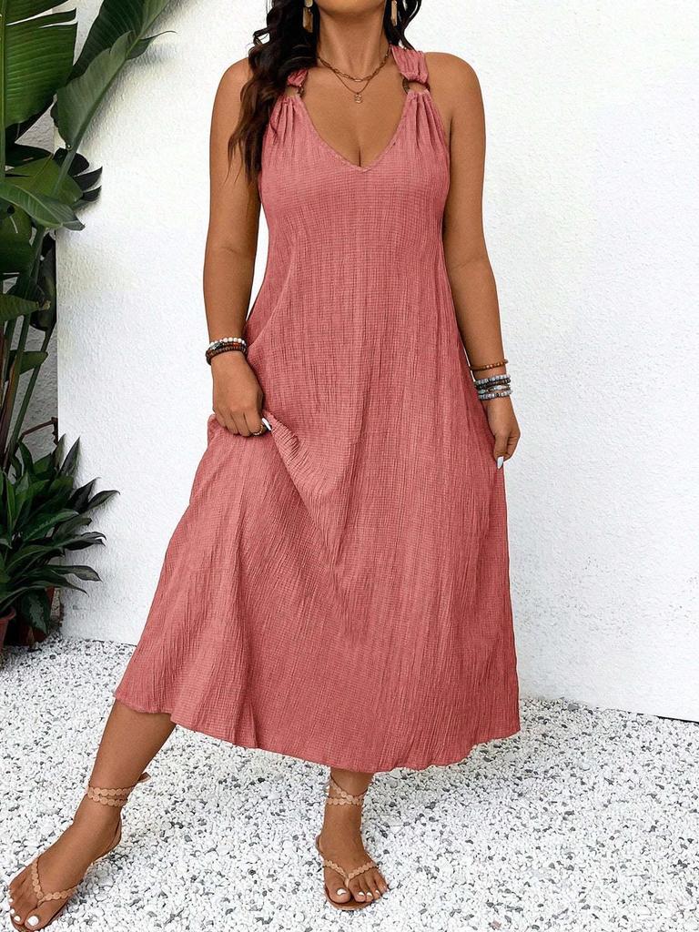 Damen Halterneck Plissee Midi Kleid Übergröße - Sommerlich Lässig Strandmode