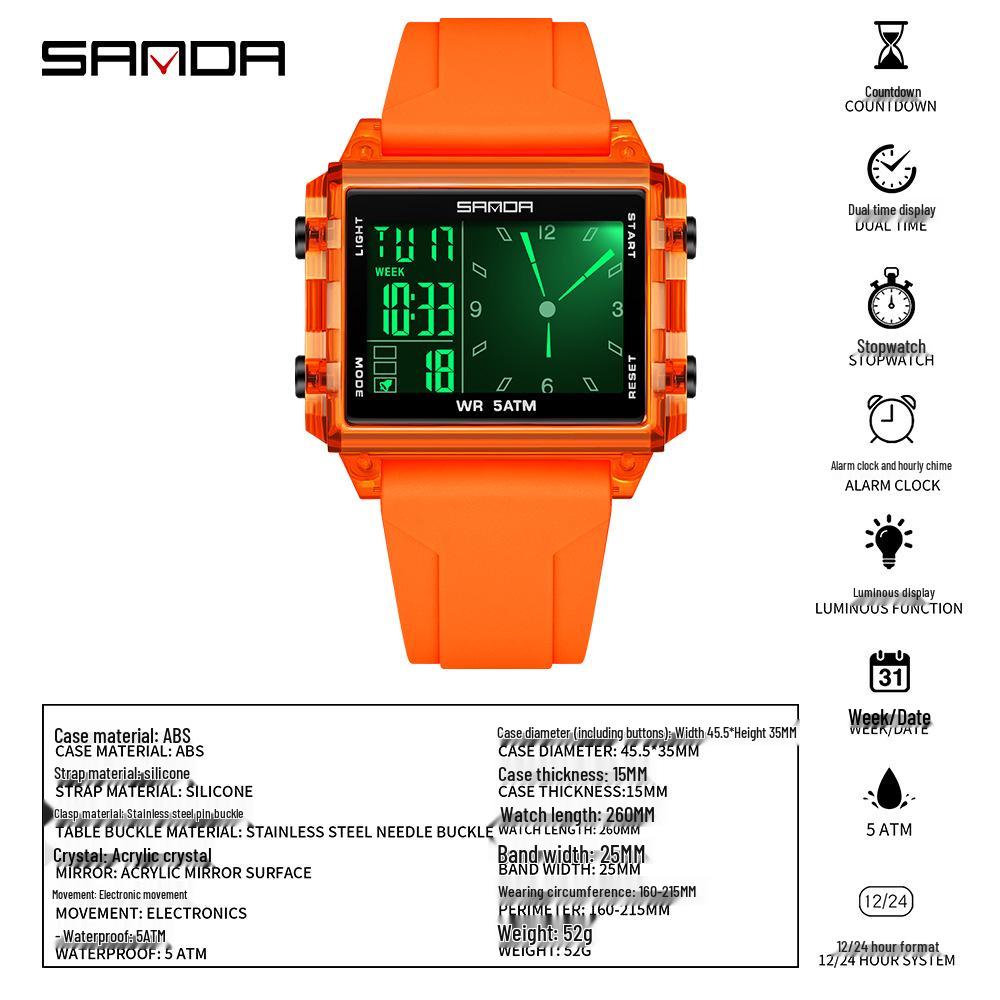 Sanda Men's & Women's Fashionable Dual Time Large Square Dial Luminous Waterproof Watch
