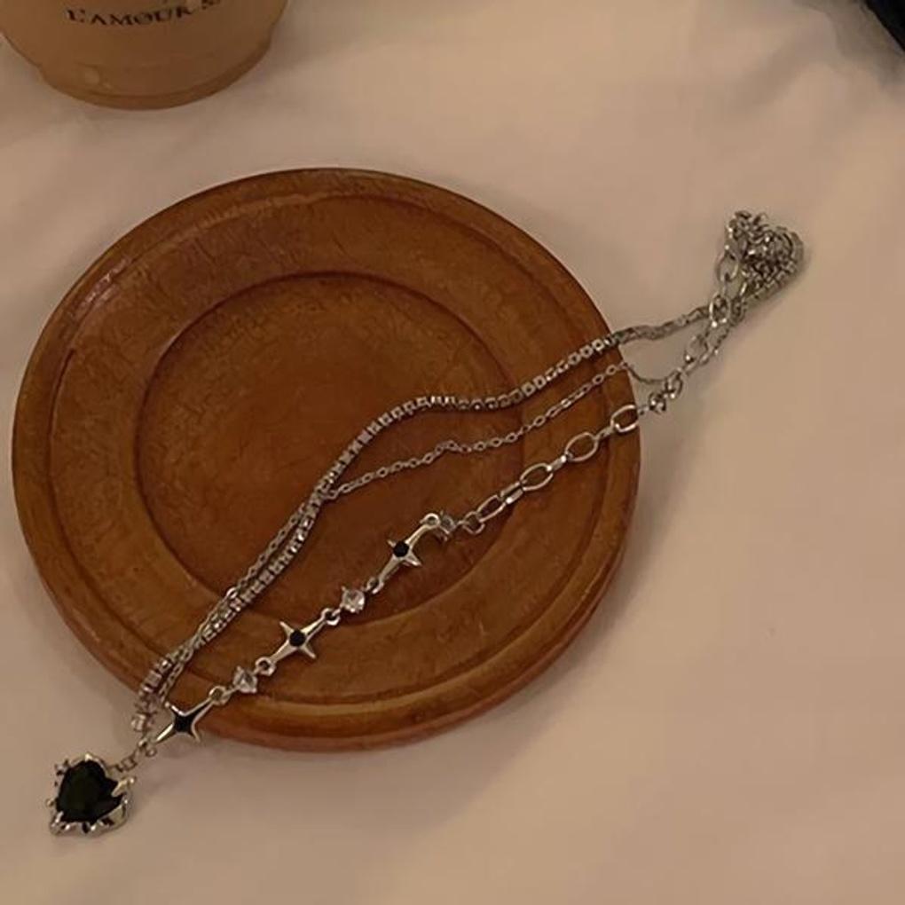 Women's Double Layered Black Heart Necklace