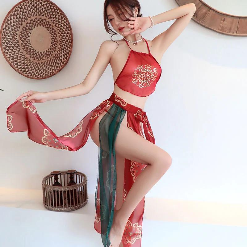 Red Chinese Hanfu Cosplay Costumes Sexy Lingerie Women Ancient Classic Bride Wedding Outfits Cute Anime See Through Erotic Set