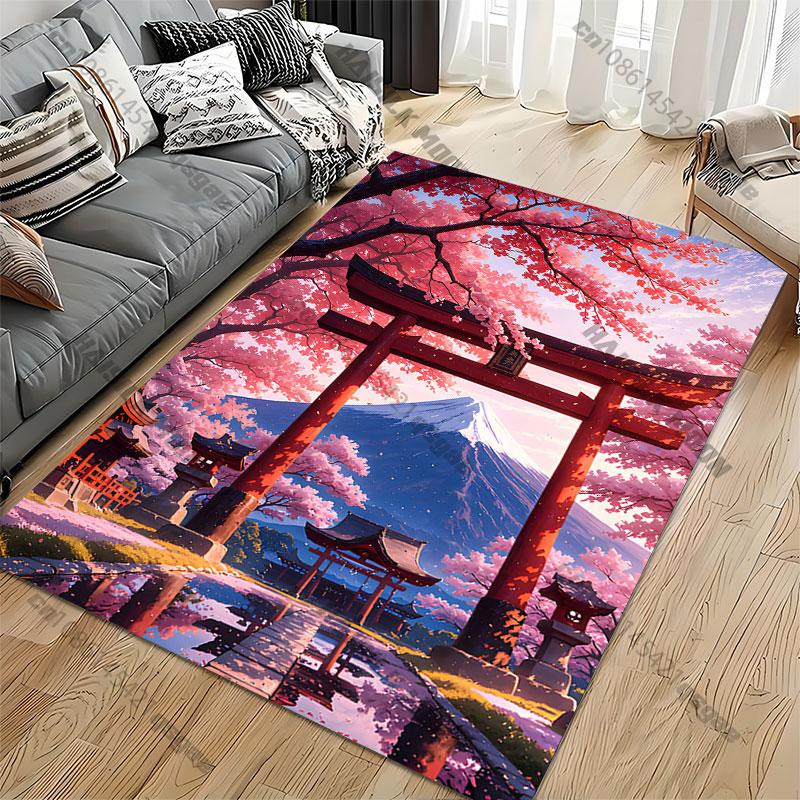 Serene Temple Cherry Blossoms Carpet Yoga Living Room Room Decor Children's Crawling Mat Doormat Area Rug Games Mat