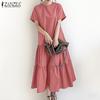 ZANZEA Women Casual Round Neck Solid Color Short Sleeve Long Dress