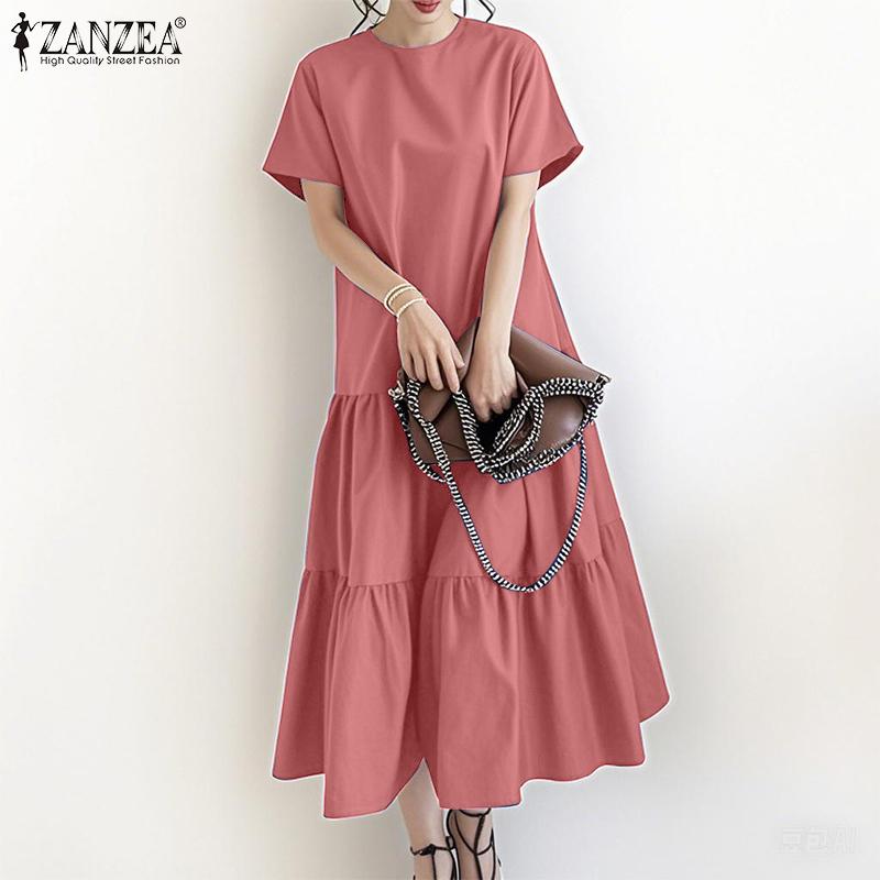 ZANZEA Women Casual Round Neck Solid Color Short Sleeve Long Dress