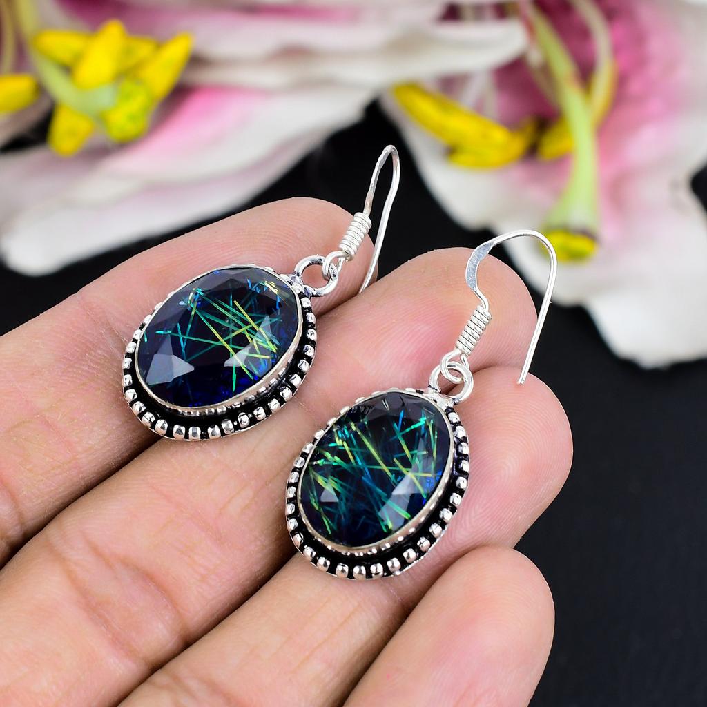 Blue Rutile Gemstone Handmade 925 Sterling Silver Jewelry Earring 1.65" KG-1757