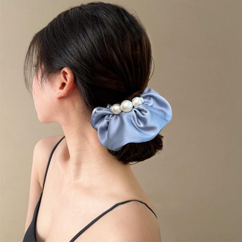 Koreanischer Stil Satin Perlenbesatz Haargummi, Elegant und Sanft Niedriger Pferdeschwanz Stil Reise Haargummi