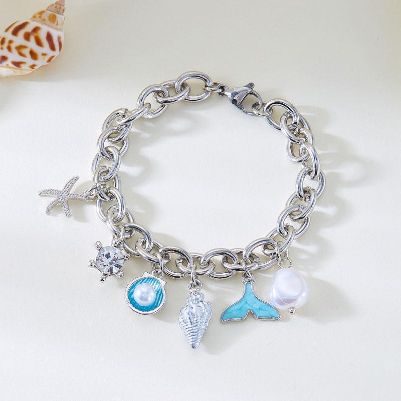 Mermaid Tail Pearl Pendants Ocean Theme Hand Chains Wristband  Summer Beach Sea Shell Starfish Charm Bracelet for Women