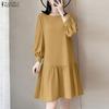 Women Casual Round Neck Solid Color Long Sleeve Dress