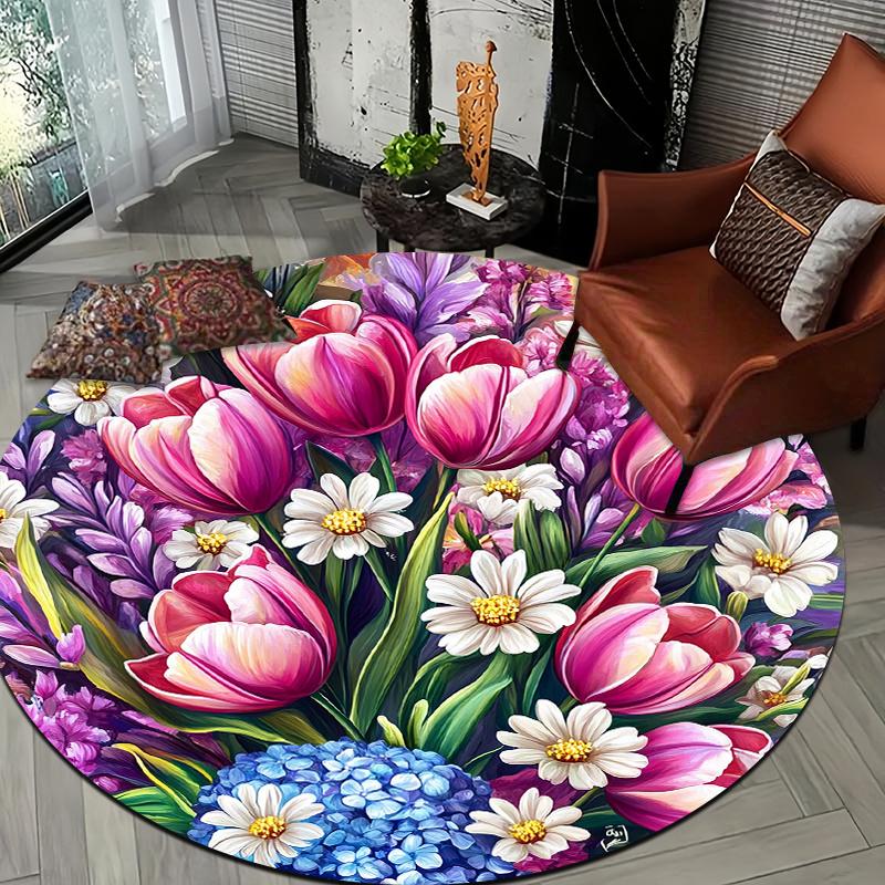 Floral luxury style Flannel-printed round floor mats are slip-resistant Suitable for living room bedroom terrace garden carpets