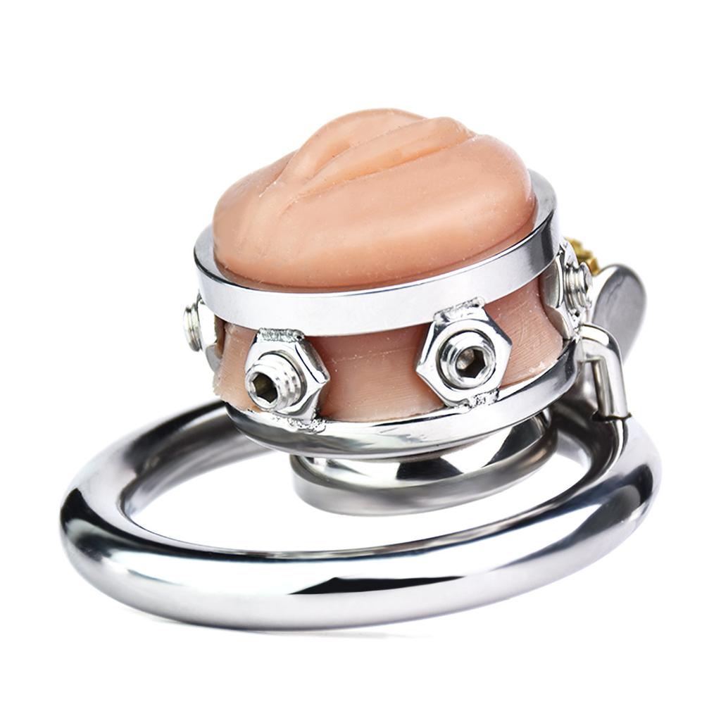 Silikonowa symulowana pochwa ze stali nierdzewnej dla mężczyzn CB Lock Chastity Lock zdejmowany pierścień na penisa Gay Cuckold Sex Toys