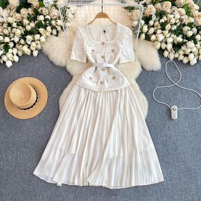 Vestidos Longos Femininos Temperamento Decote Quadrado Renda Plissada