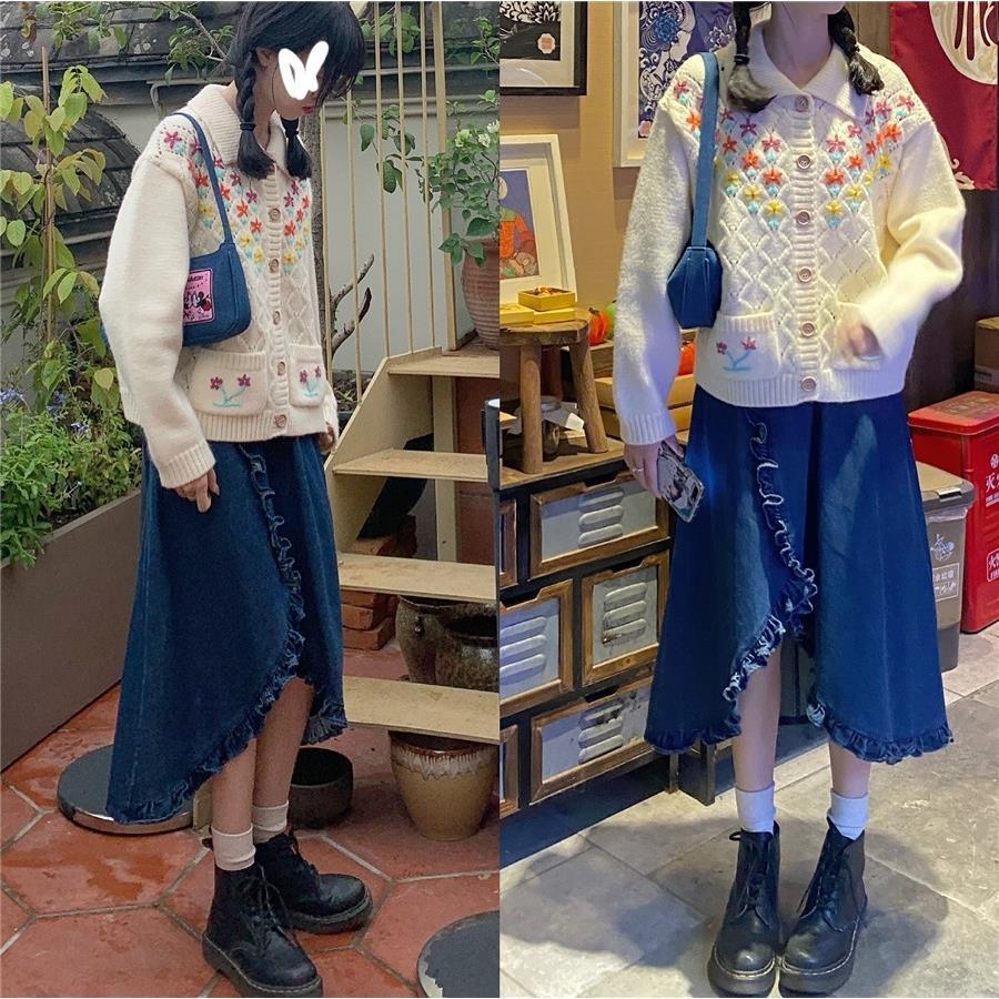Spring and Autumn Academy Style Versatile High Waist Medium Length Half Length Skirt Design Sense Ruffle Irregular Denim Skirt for Women