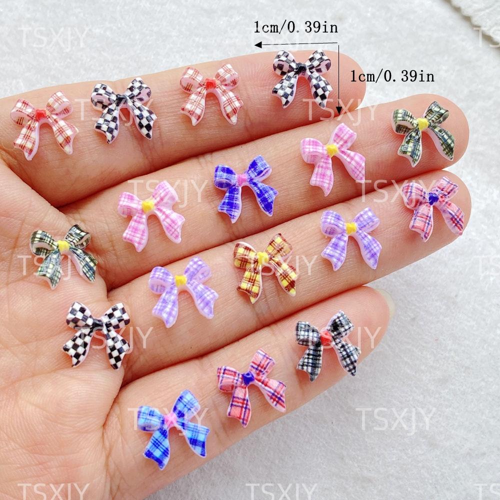 50Pcs Cute Mini Colorful Grid Bow Nail Art Resin Designer Charms DIY Craft For Nail 3D Decorations Jewelry