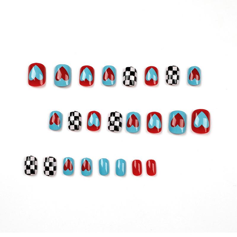 Wearable manicure Black and white checkerboard nail piece Blue and red love fake nail Wearable manicure