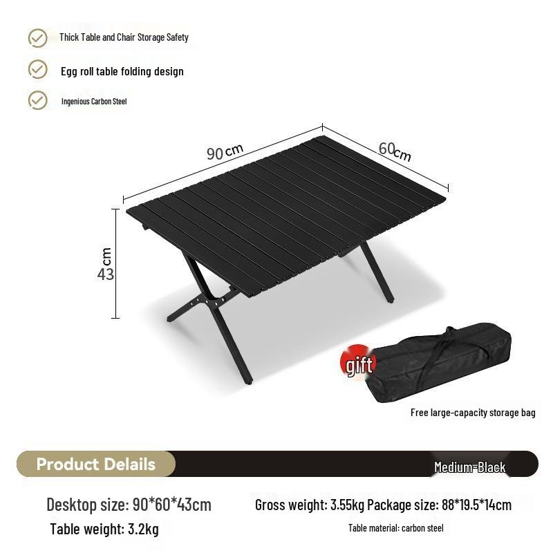 Portable Carbon Steel Roll-Up Camping Table - Foldable BBQ Picnic Dining Table with X-Shaped Legs