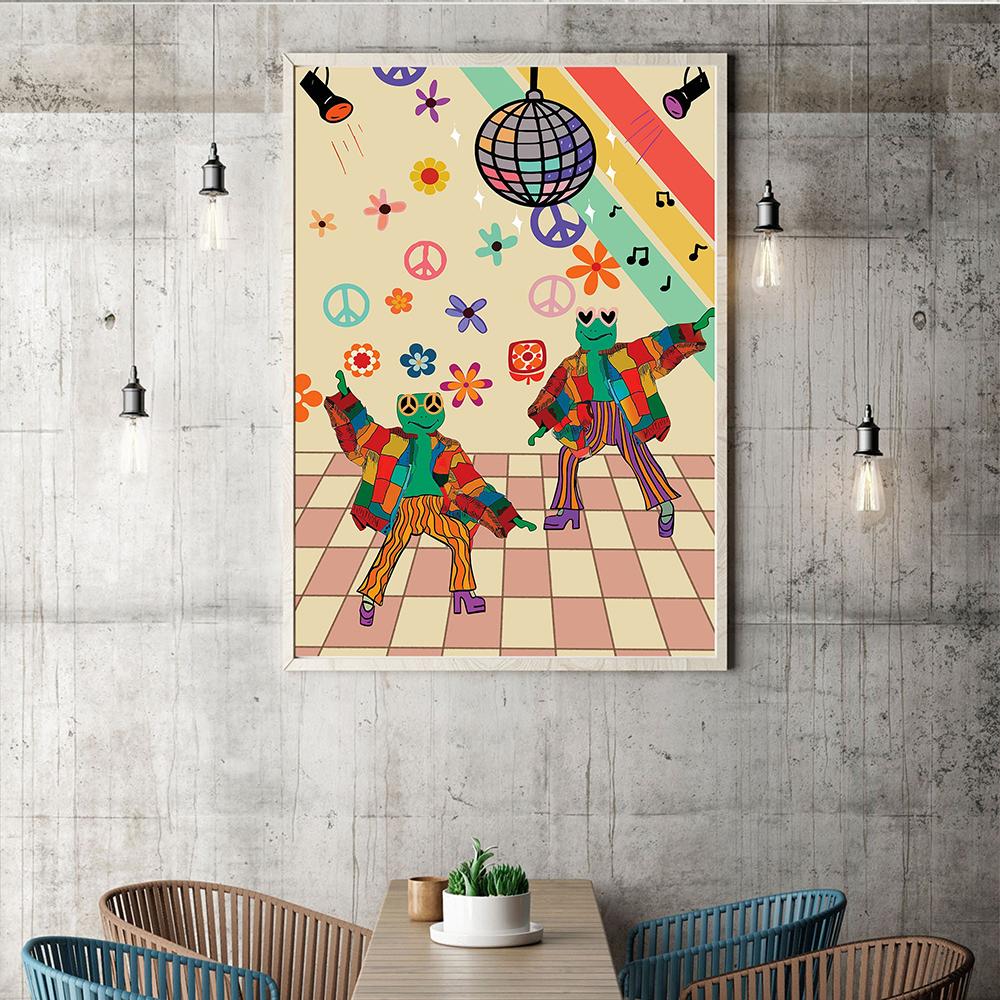 Frog Disco Funny Aesthetic Poster Pictures Retro 70s Groovy Hippie Ball Dancing Frogs Vintage Trippy Home Decor Wall Art Prints