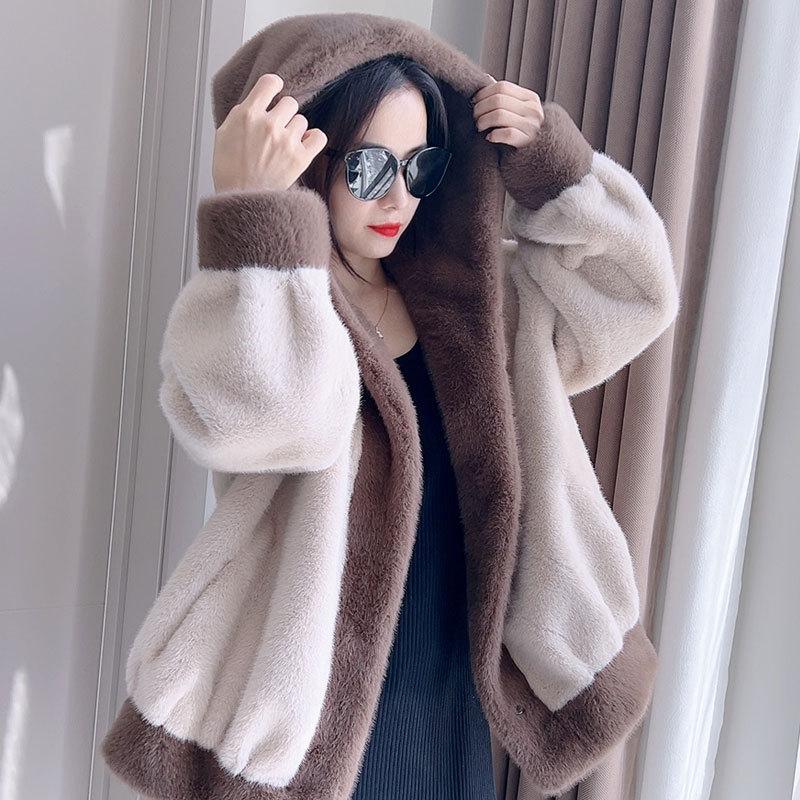 Kapuzenjacke aus kontrastfarbenem Nerz-Fleece-Pelzimitat für Damen mit integriertem, lockerem, dickem, warmem, langärmeligem Pelzmantel