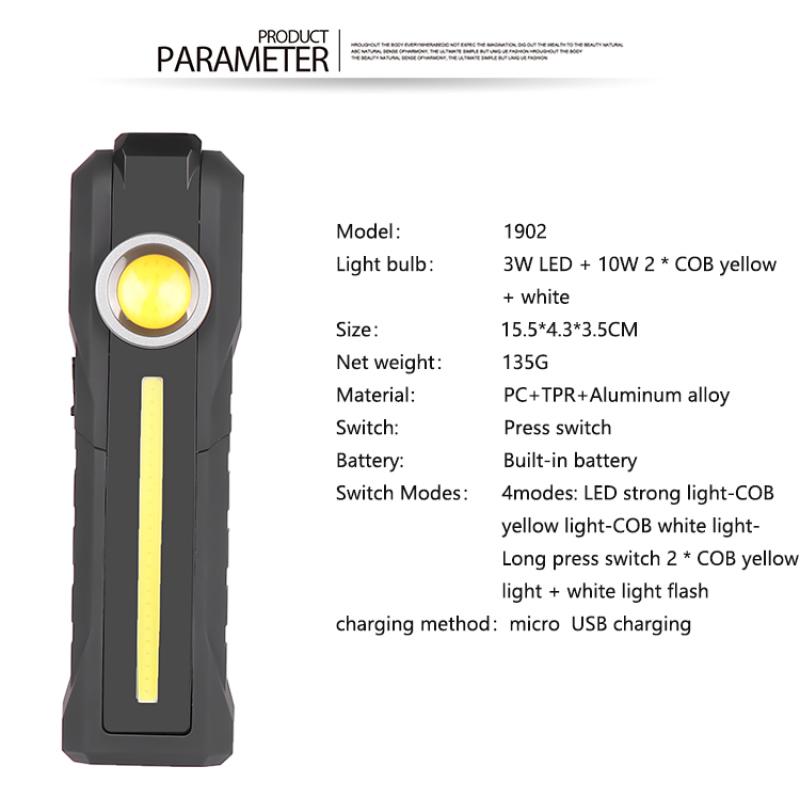 Rechargeable LED+COB Work Light Portable Magnetic Folding USB Charging Handheld Flashlight