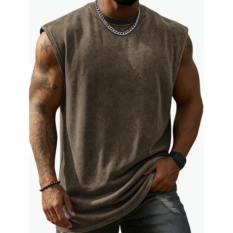 Men Washed Sleeveless Tank Top Crew Neck Multi Color Casual Gym Vest