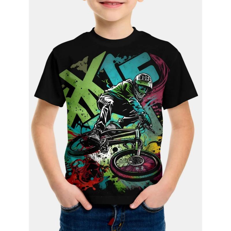 Summer Round Neck 3D Printed Motorcycle Rider Pattern Top Fashionable Casual Short Sleeved Children's Boy T-shirts
