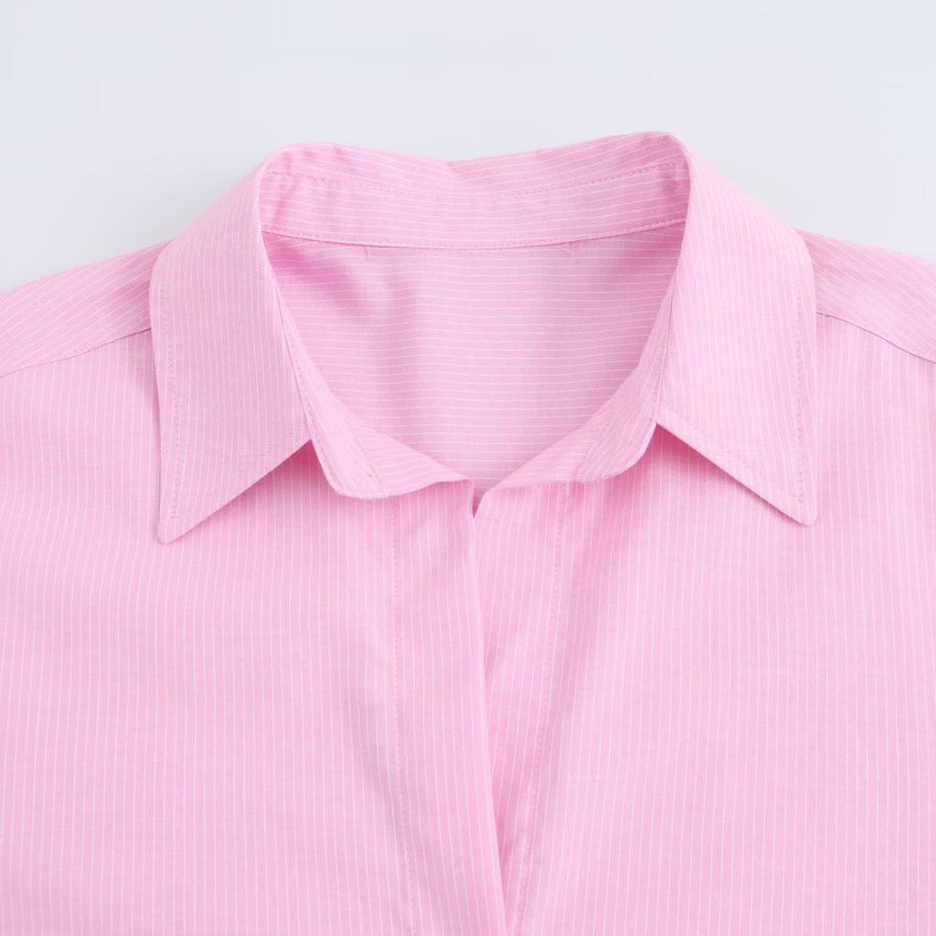 2025 Spring Women's Casual Striped Oxford Shirt with Turn-Down Collar