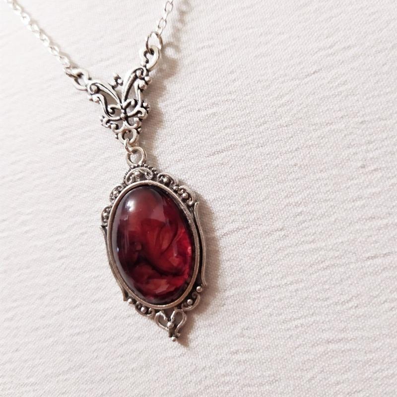 Colgante de Cristal de Cuarzo Rojo Vintage Plateado Plata Joyería de Moda Collar