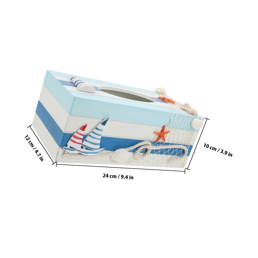 1pc Mediterranean Decorative Tissue Box Wooden Craft Storage Organizer For Home Bedroom Office Desktop Streaked Lighthouse